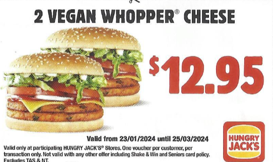 Hungry Jacks 2 Vegan whopper cheese for $12.95