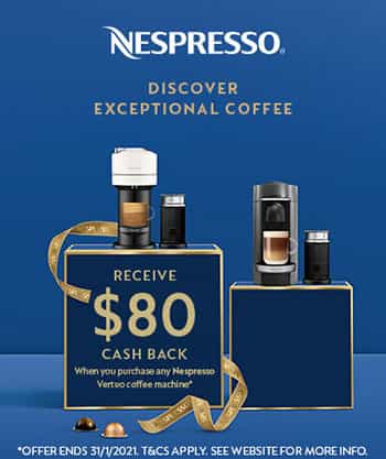 Receive $80 cash back when you purchase any Nespresso Vertuo coffee machine