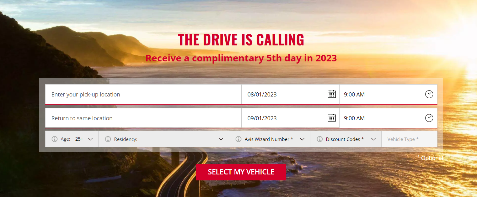 Receive a complimentary 5th day when you book for 5+ days with coupon @ Avis