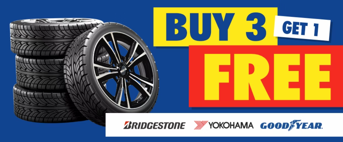 Buy 3 Get 1 Free on Bridgestone, Yokohama, Dunlop tyres