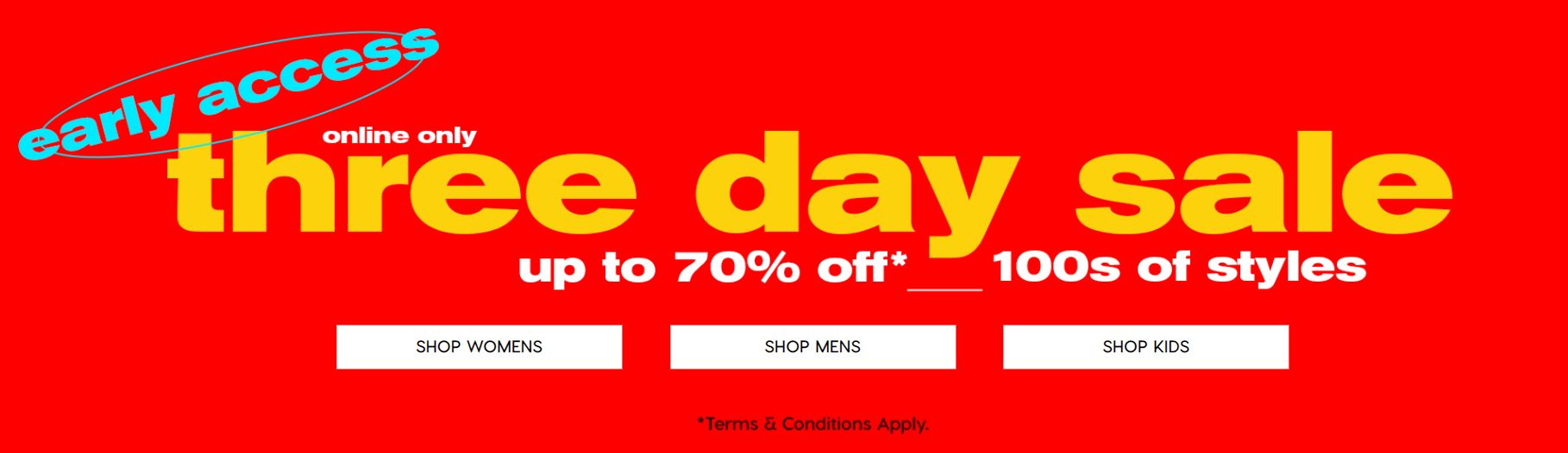 3 Day sale up to 70% OFF on 100's of styles for men, women &kids at City Beach