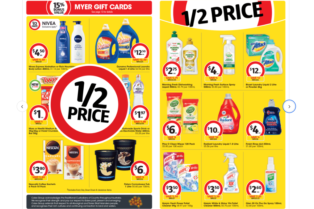 Coles - 15% OFF Myer gift card, 1/2 price Finish, Harpic, Nivea