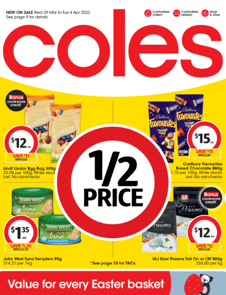 Coles Catalogue - 1/2 price Sanitarium Up&Go, Pringles, Arnott's, Uncle Tobys