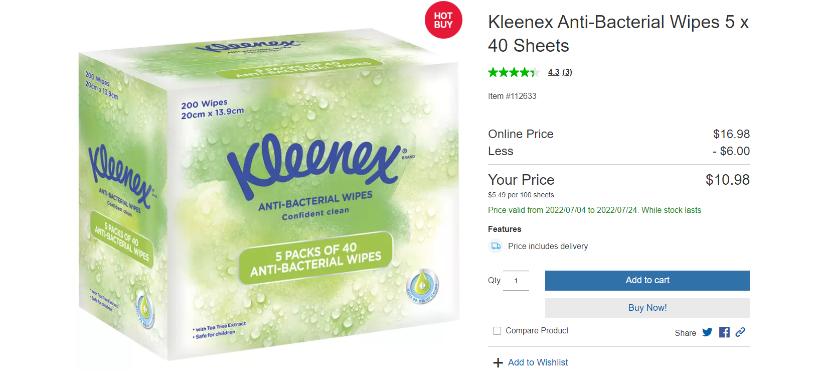 Kleenex Anti-Bacterial Wipes 5 x 40 Sheets now $10.98 delivered at Costco[members]