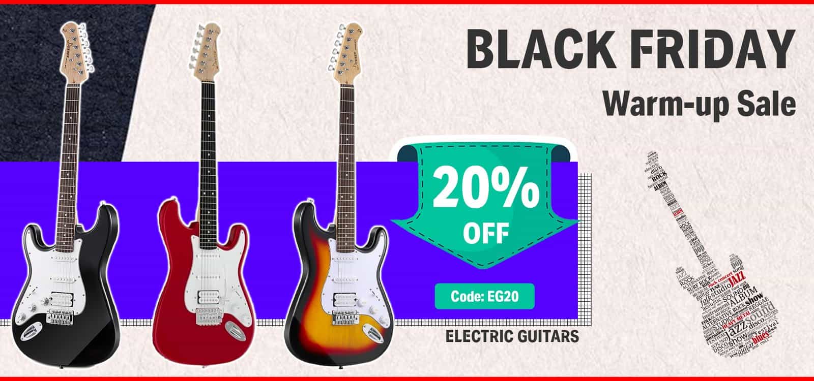Get extra 20% OFF on electric guitars with promo code including electric, acoustic & more