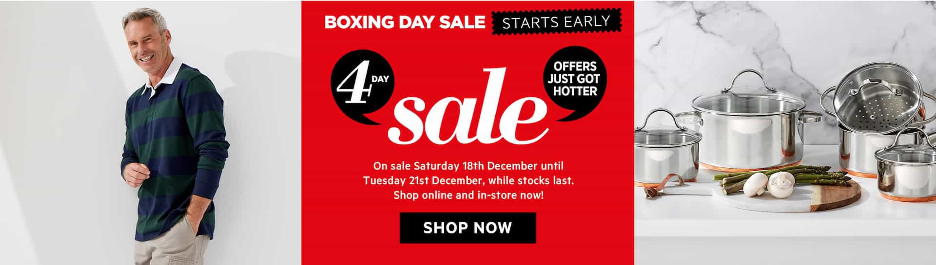 Harris Scarfe Boxing Day sale up to 60% OFF on kitchenware, clothing, footwear & more