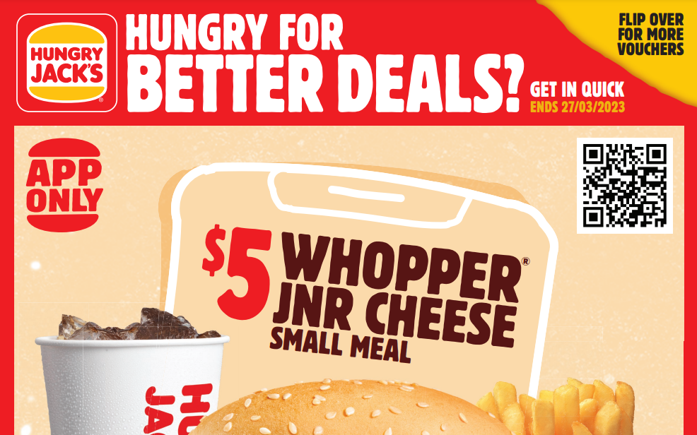 Hungry Jacks latest app deals: $5 Whopper JNR Cheese meal, family meal $29.95, 2 Whoppers $11.95