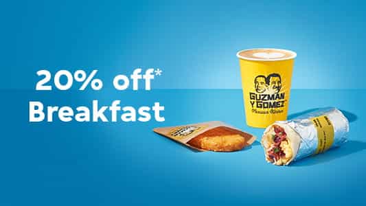 20% OFF breakfast with $20+ spend on Guzman Y Gomez orders via Menulog