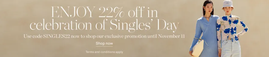 Net-A-Porter Singles' Day extra 22% OFF on eligible orders with coupon