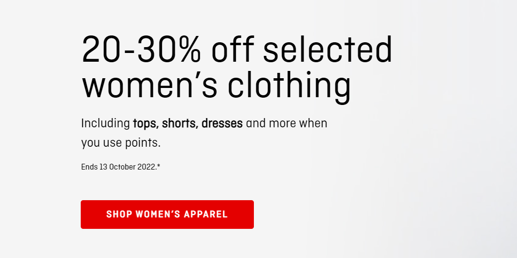 20-30% OFF selected women's clothing including tops, shorts, dresses & more