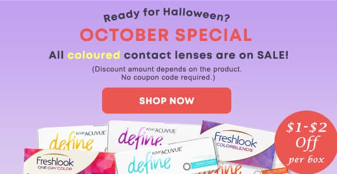 Shop all coloured contact lenses are on sale $1-$2 Off per box