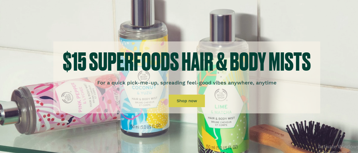 The Body Shop $15 Superfoods hair & body mists including fresh, fruity, citrus scents