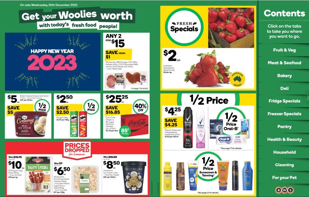 Woolworths catalogue: 1/2 price sunscreen & tanning, Oral-B, Sukin