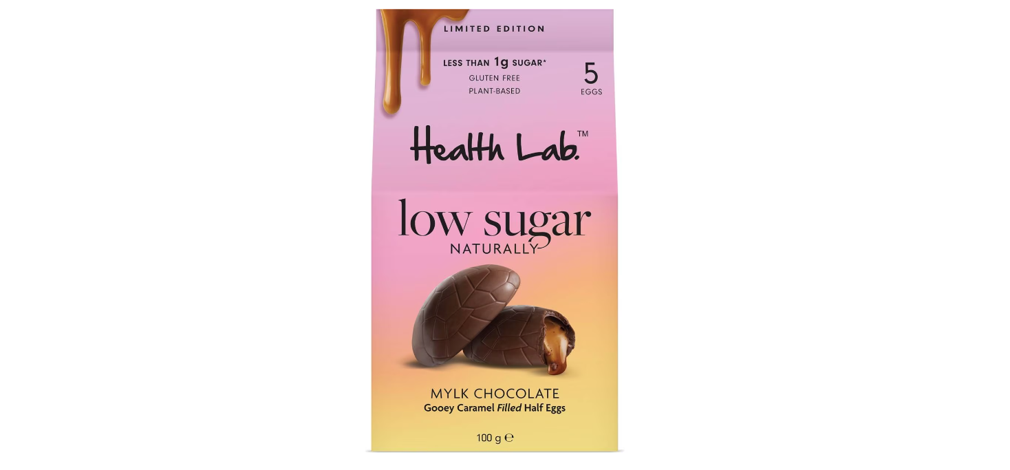 New @ Woolworths Health Lab Low Sugar Mylk Chocolate Gooey Caramel Filled Half Eggs 100g $8(was $10)