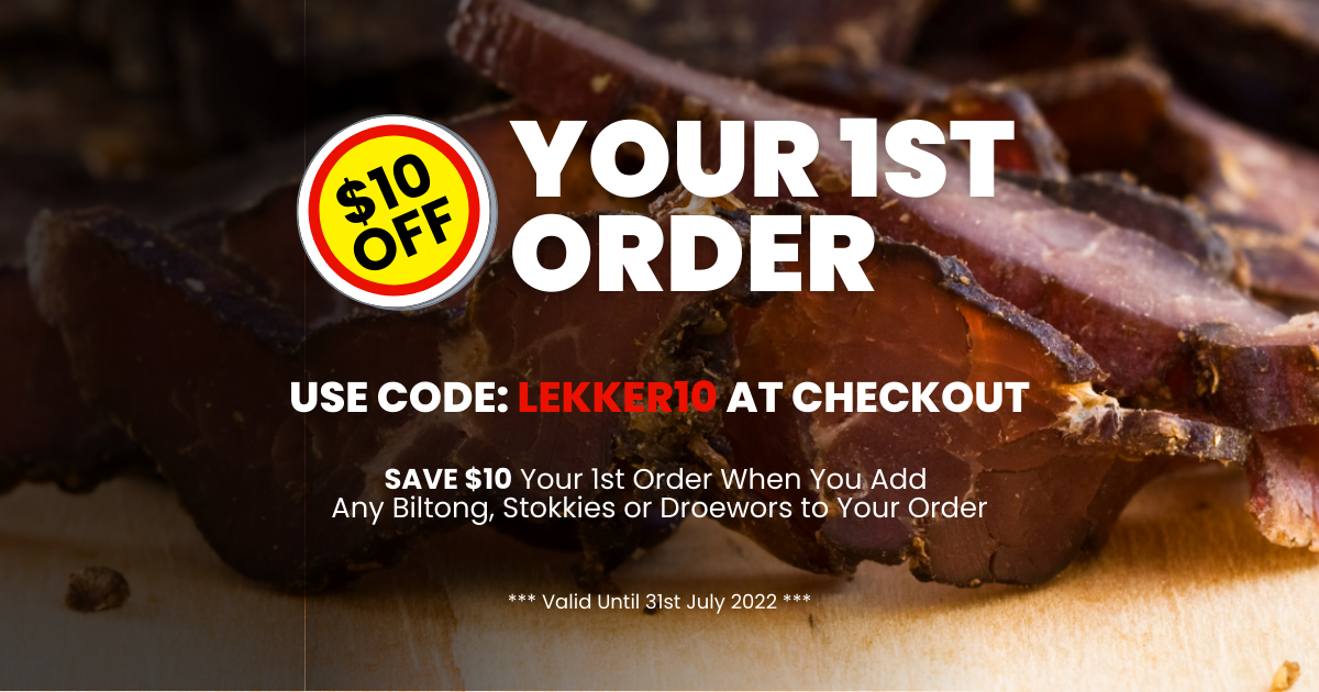 $10 OFF Your First Order of Biltong, Stokkies or Droewors At Lekker Ekse!