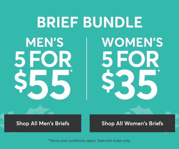 Women's briefs 5 for $35 and Men's briefs 5 for $55, Free delivery on orders over $100