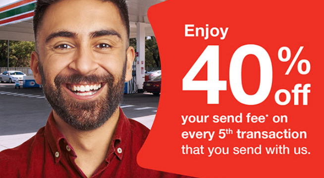 20% OFF send fee on 3rd, 40% OFF send fee on 5th transaction with MoneyGram at 7-Eleven