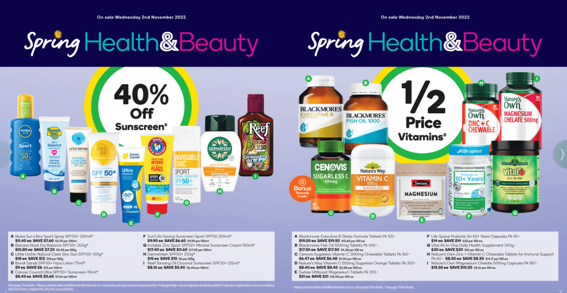 Woolworths Spring Health & Beauty Catalogue 40% OFF Sunscreens, 1/2 price Vitamins