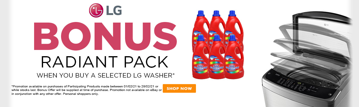 Get a Bonus 6pk of 2 Lt Radiant Laundry Liquid when you purchase any LG 9kg washing machine