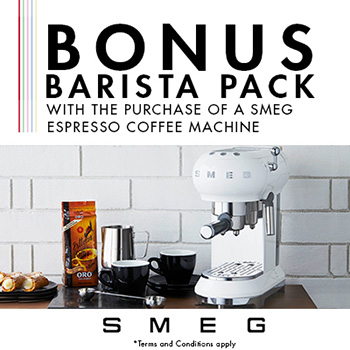 Get Bonus Barista pack with the purchase of a Smeg Espresso Coffee machine