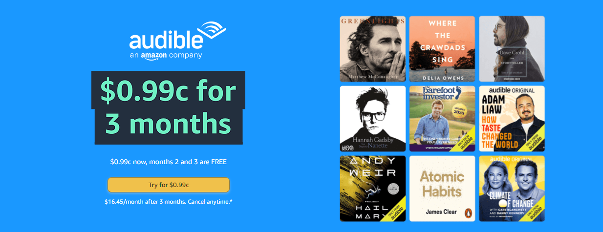 $0.99c for 3 months Audible membership for Amazon Prime members