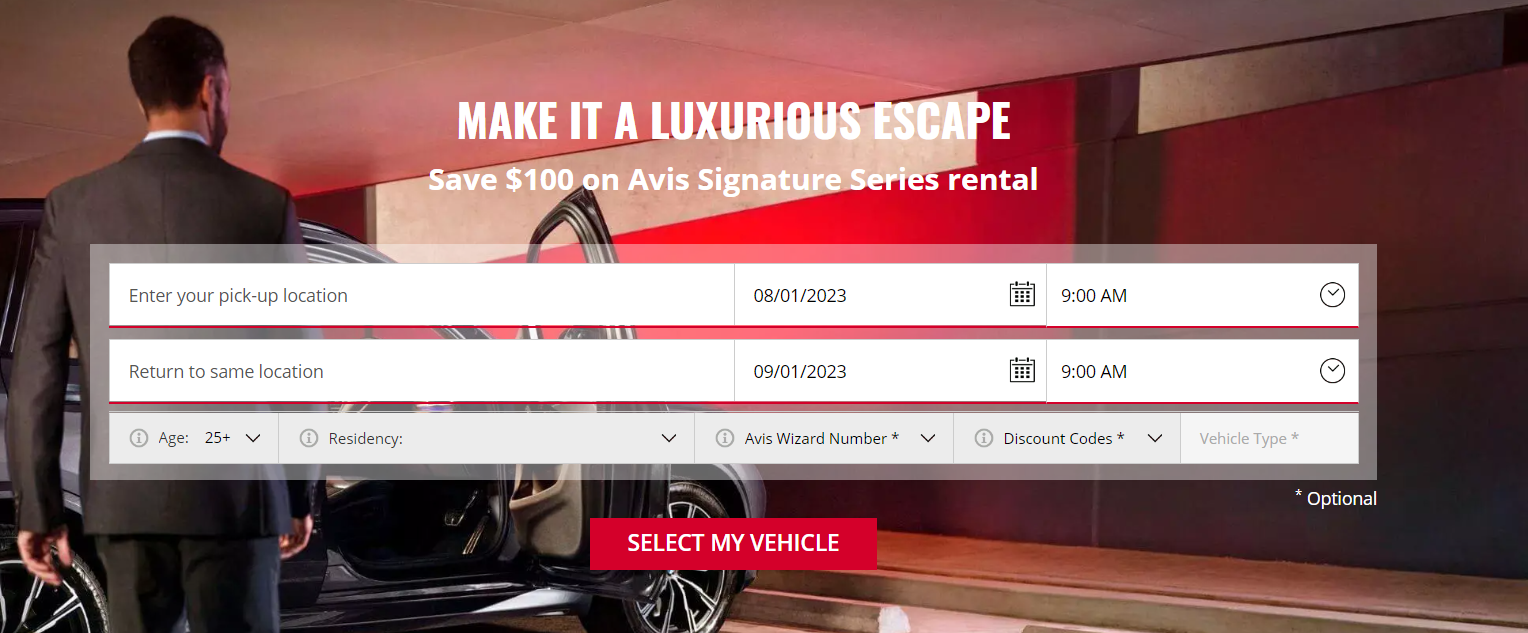Save $100 OFF Avis Signature Series rental on 3+ days booking with coupon