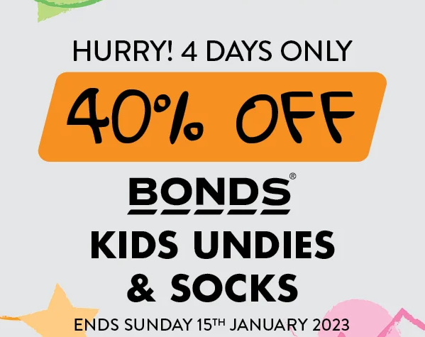 Best&Less 4-Day sale: 40% Off Bonds Kids Underwear & Socks