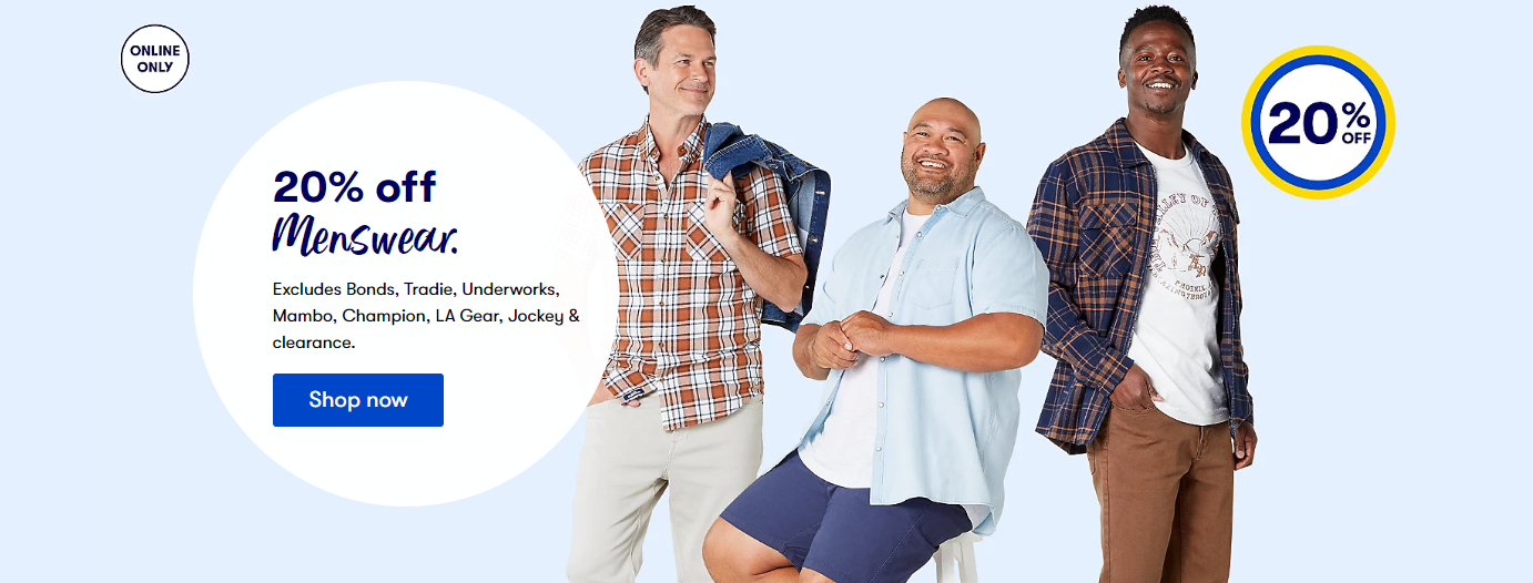 20% OFF Mens Clothing & Accessories at Big W