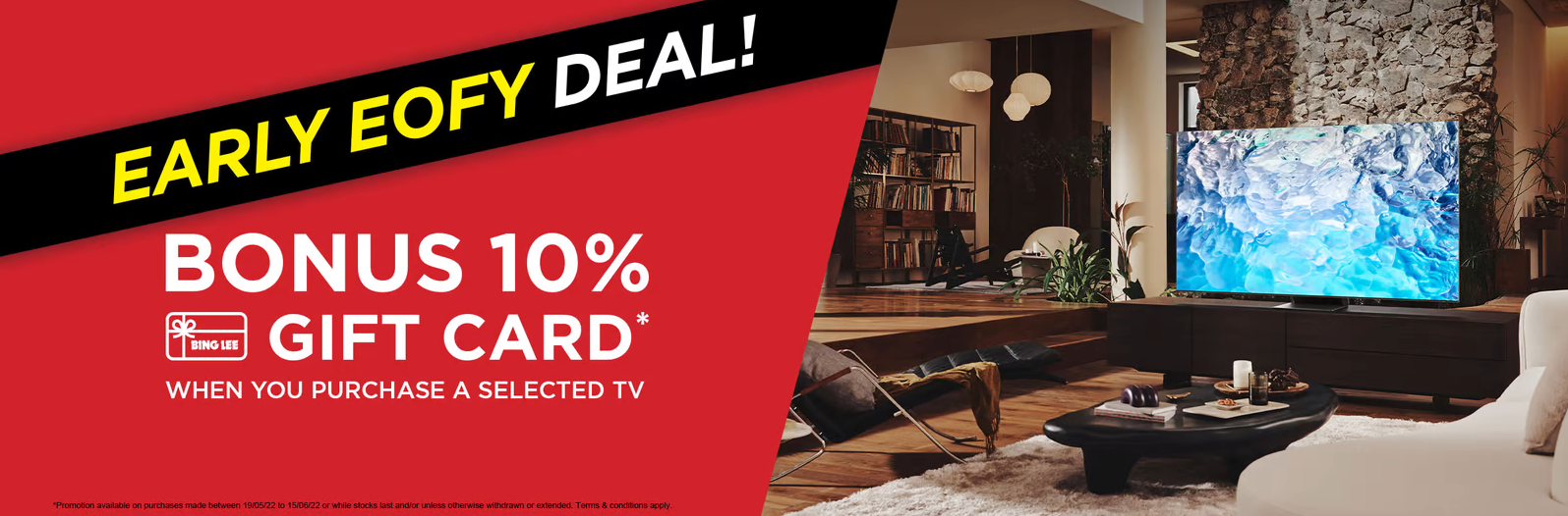 Bonus 10% gift card when you purchase a selected tv at Bing Lee