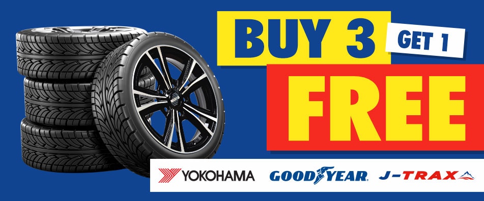 Buy 3 Get 1 Free on Yokohama, Goodyear, J-Trax tyres