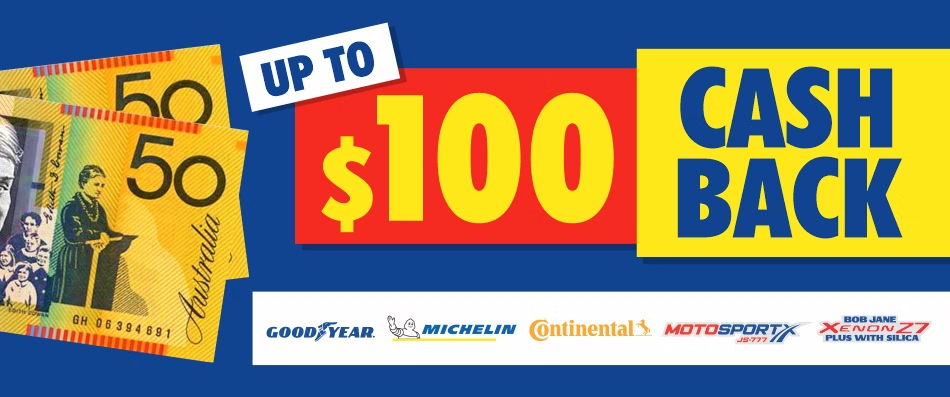 Get up to $100 cash back on Continental, Goodyear, Xenon Z7 & Motosportx tyres