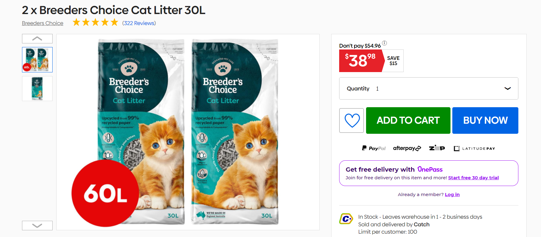 2 x Breeders Choice Cat Litter 30L - best price deal - now $38.98(was $54) + free delivery