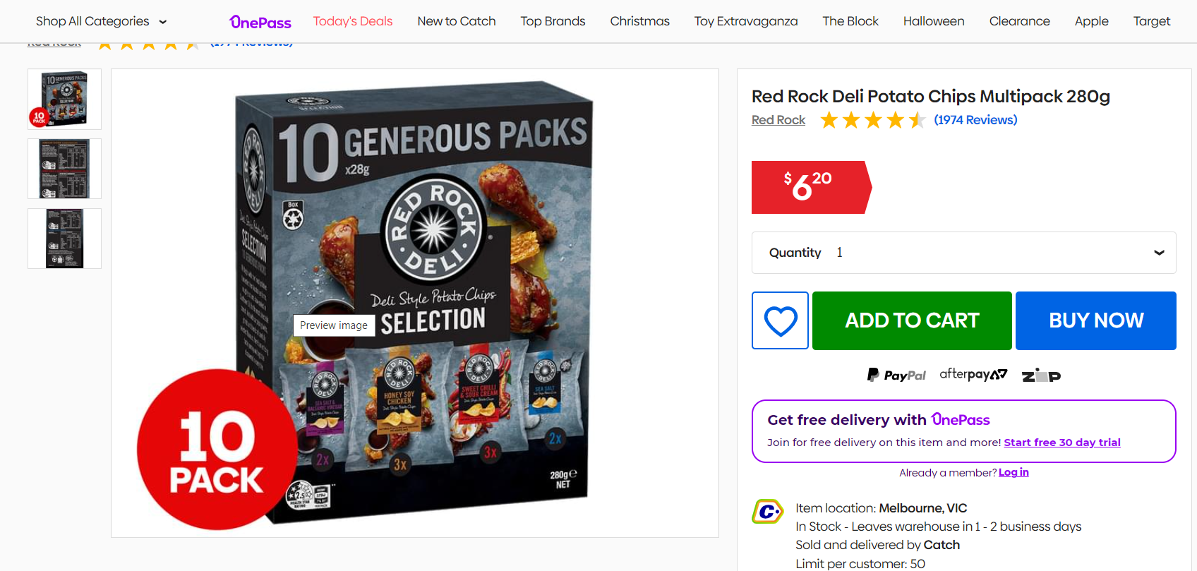 Red Rock Deli Potato Chips Multipack 280g now $6.20 delivered at Catch