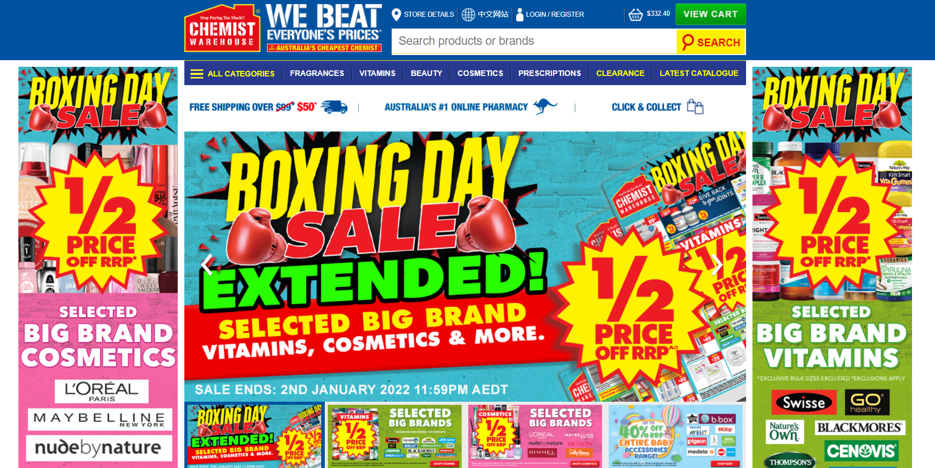 Chemist Warehouse Boxing Day Sale 50% OFF RRP on selected Big brand vitamins, cosmetics & more
