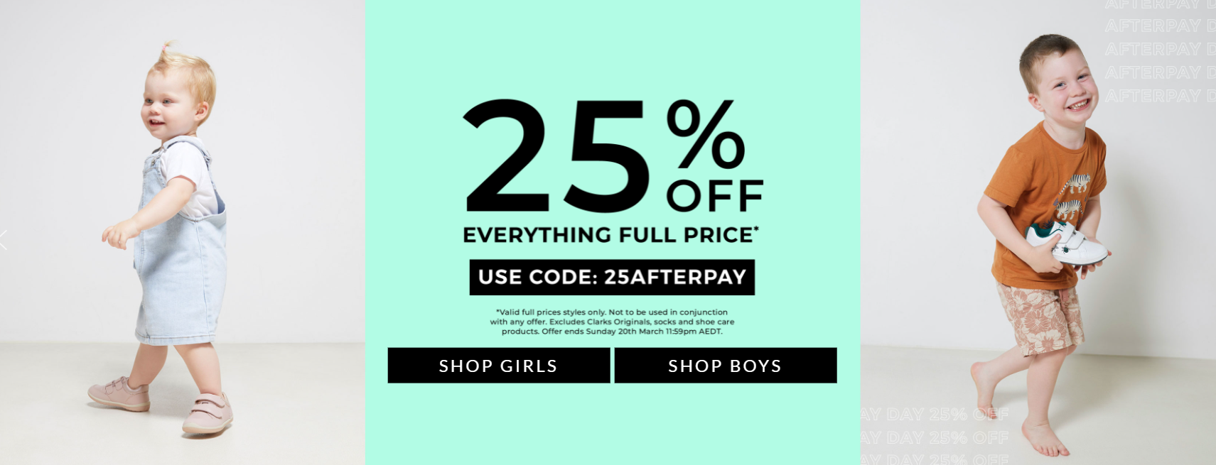 Clarks Afterpay Day sale extra 25% OFF on everything full priced with discount code