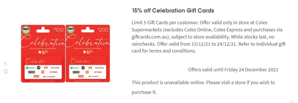 Coles 15% OFF on $100 & $200 Celebration Gift Cards(In-store only)