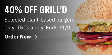 Deliveroo 40% OFF on selected plant-based burgers at Grill'D(min. spend $10)