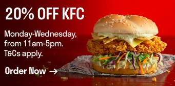 20% OFF $25 KFC orders Monday-Wednesday via Deliveroo(11 am - 5 pm)