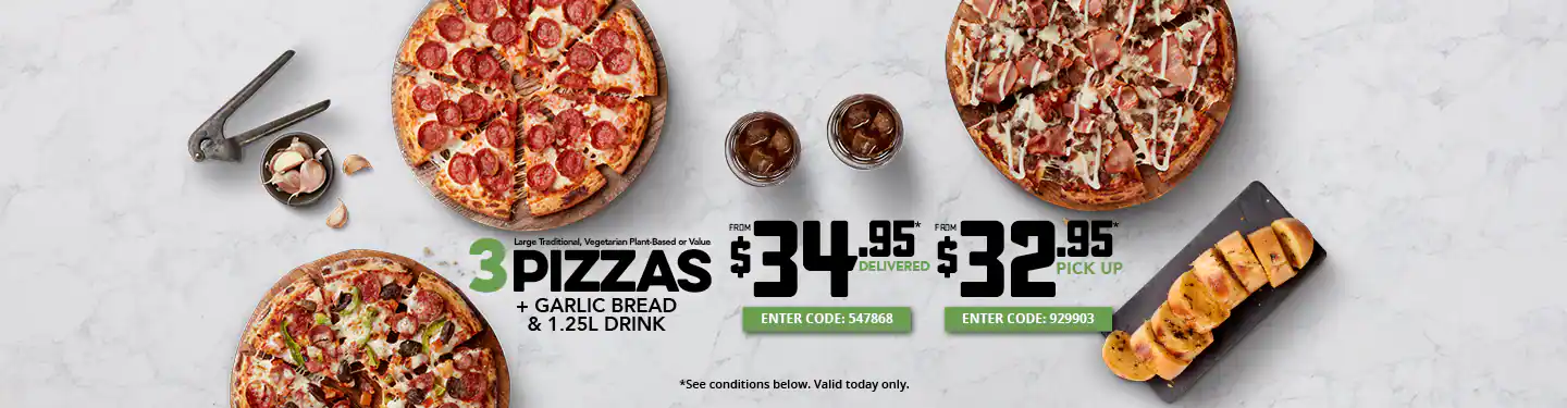 Get 3 pizzas + 3 selected sides from $34.95 delivered
