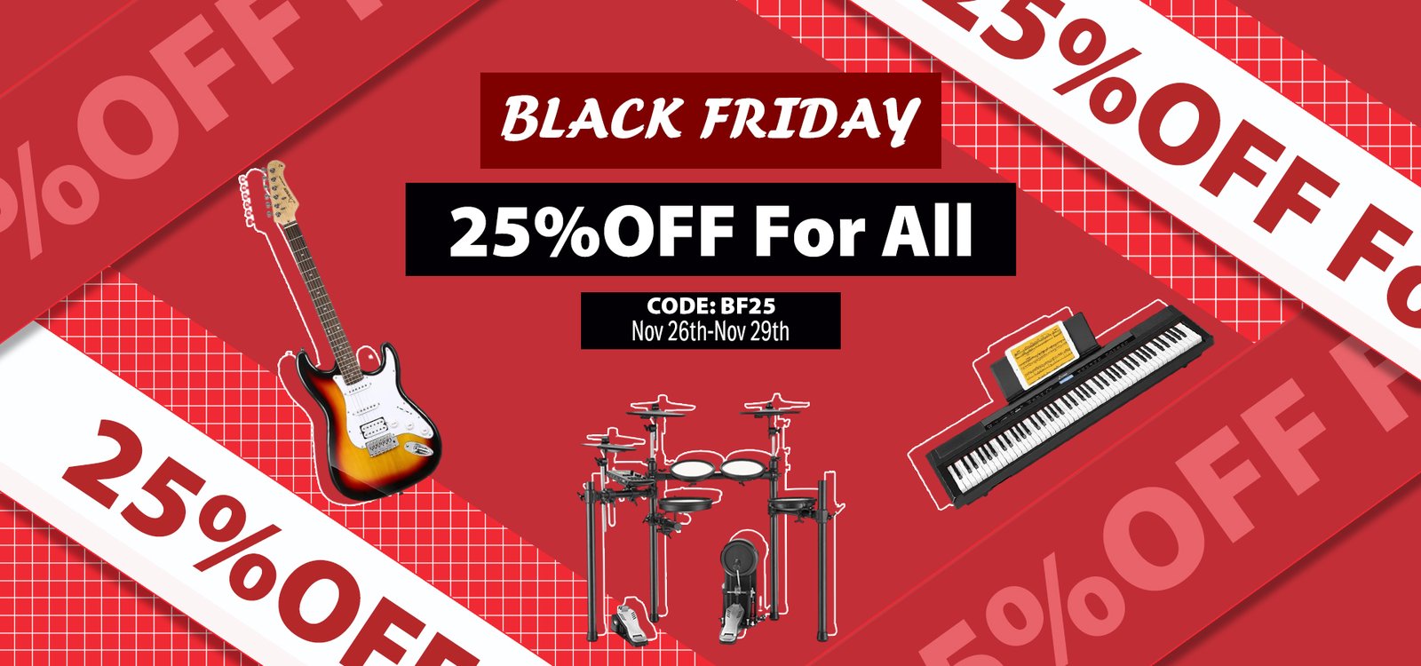 Donner Music Black Friday extra 25% OFF sitewide with coupon including guitars, drums & more