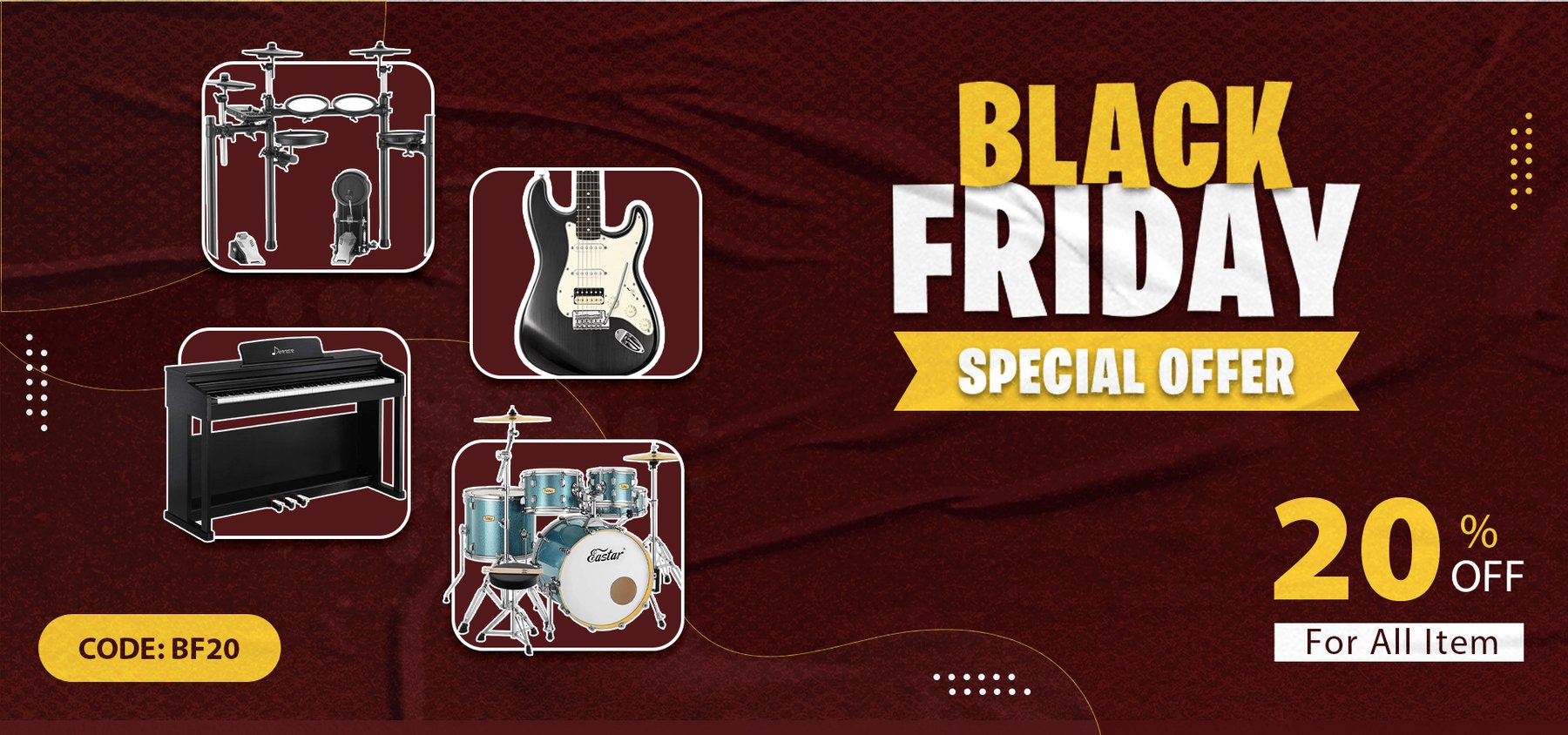 Donner Music Black Friday special extra 20% OFF on all items with coupon including guitars, pianos