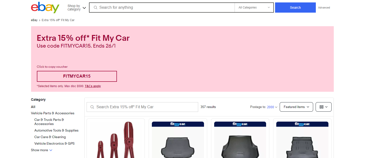 Extra 15% OFF on selected items from Fit My Car with eBay voucher code