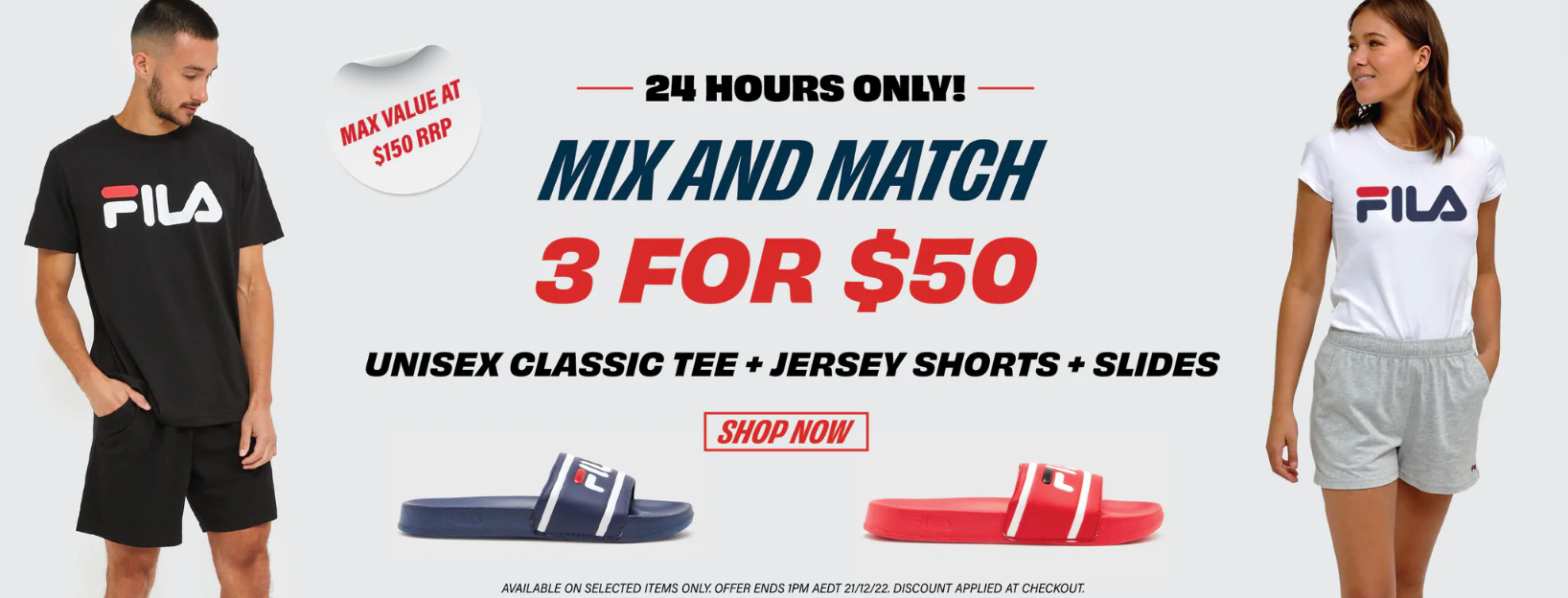 Fila 1-Day sale: 3(Unisex Classic tee + Jersey shorts + slides) for $50