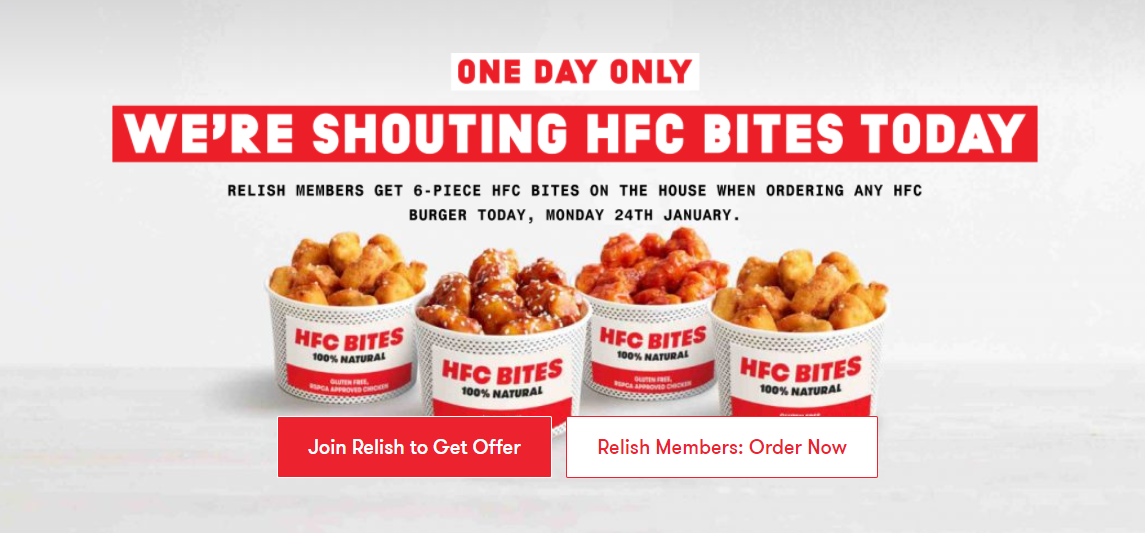 Grill'd get 6 piece HFC bites on the house when ordering any KFC burger today(Relish members only)