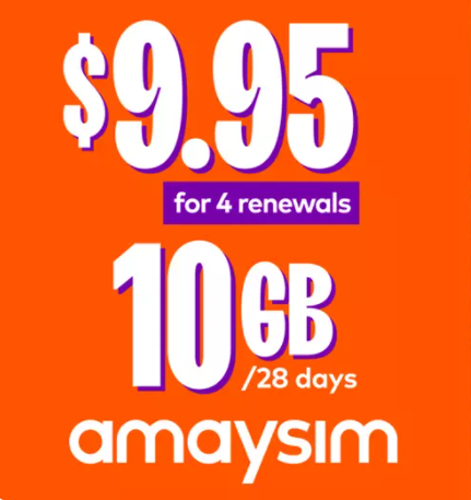 87% OFF on four 28-day renewals of Amaysim 10GB/28 days mobile plan plus extra 10% OFF