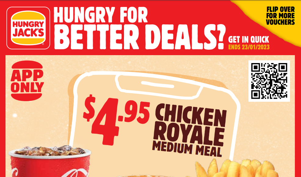 Hungry Jack's latest vouchers - $4.95 Chicken Royale, Family Bundle $29.95, 2 Whoppers $11.95