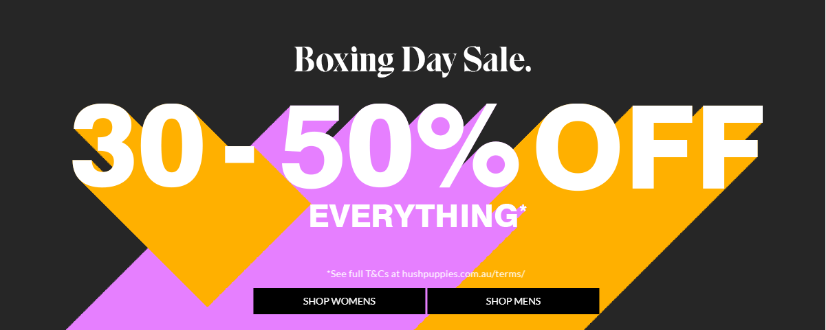 Hush Puppies Boxing Day: 30-50% OFF sitewide, Free shipping $99+