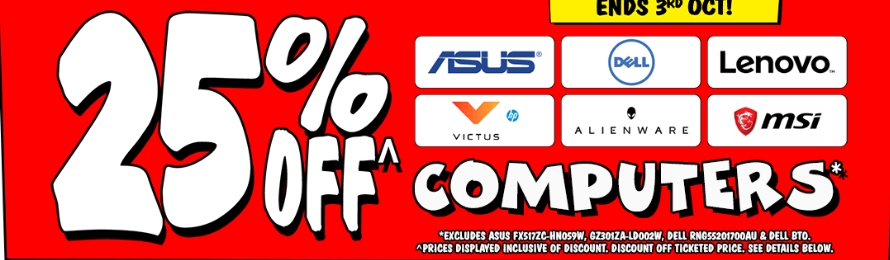 Get 25% off computers including gaming from $974 at JB HI-FI. ASUS, Lenovo, Dell, MSI, Alienware
