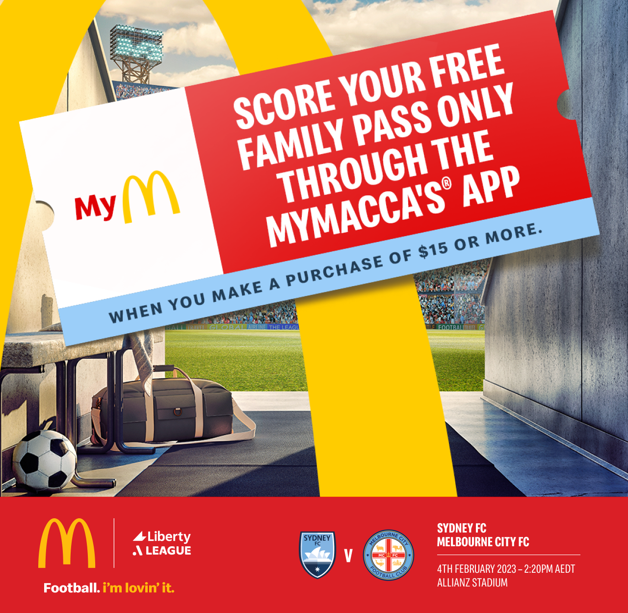 Score a FREE Family Pass to the A-League with $15+ spend @ MyMacca's app