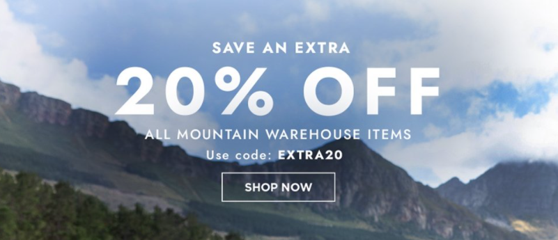 Mountain Warehouse get extra 20% OFF on all items with discount code